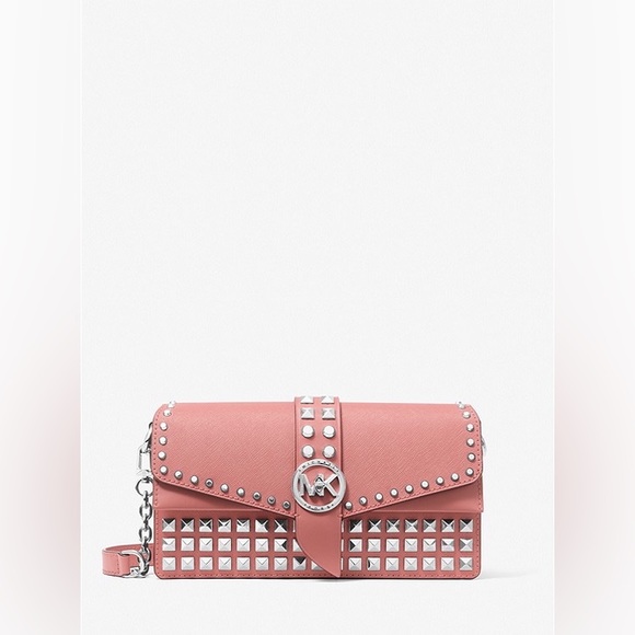 Greenwich Medium Studded Saffiano Leather Shoulder Bag in Rose - Picture 2 of 6